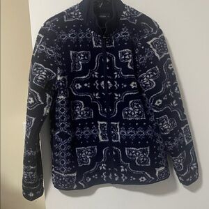 Lucky Brand Men's Blue and White Patterned Zip-Up Fleece